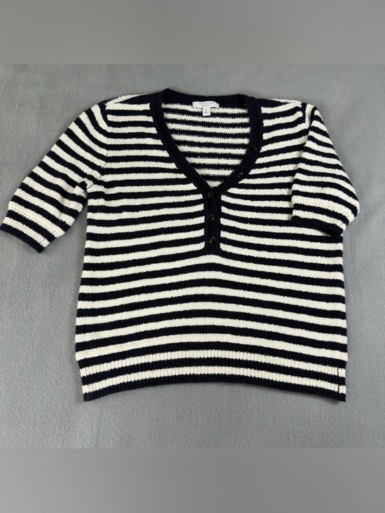 Sweaters - Ann Taylor LOFT Navy White Striped V-Neck Henley Sweater Size M Classic Nautical